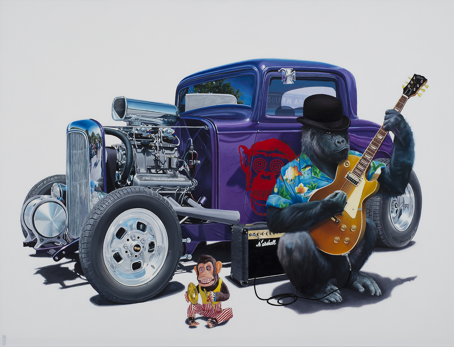 A gorilla playing the guitar while seated in front of a hot rod - Tony South - The Soothing (of the Savage Beast)