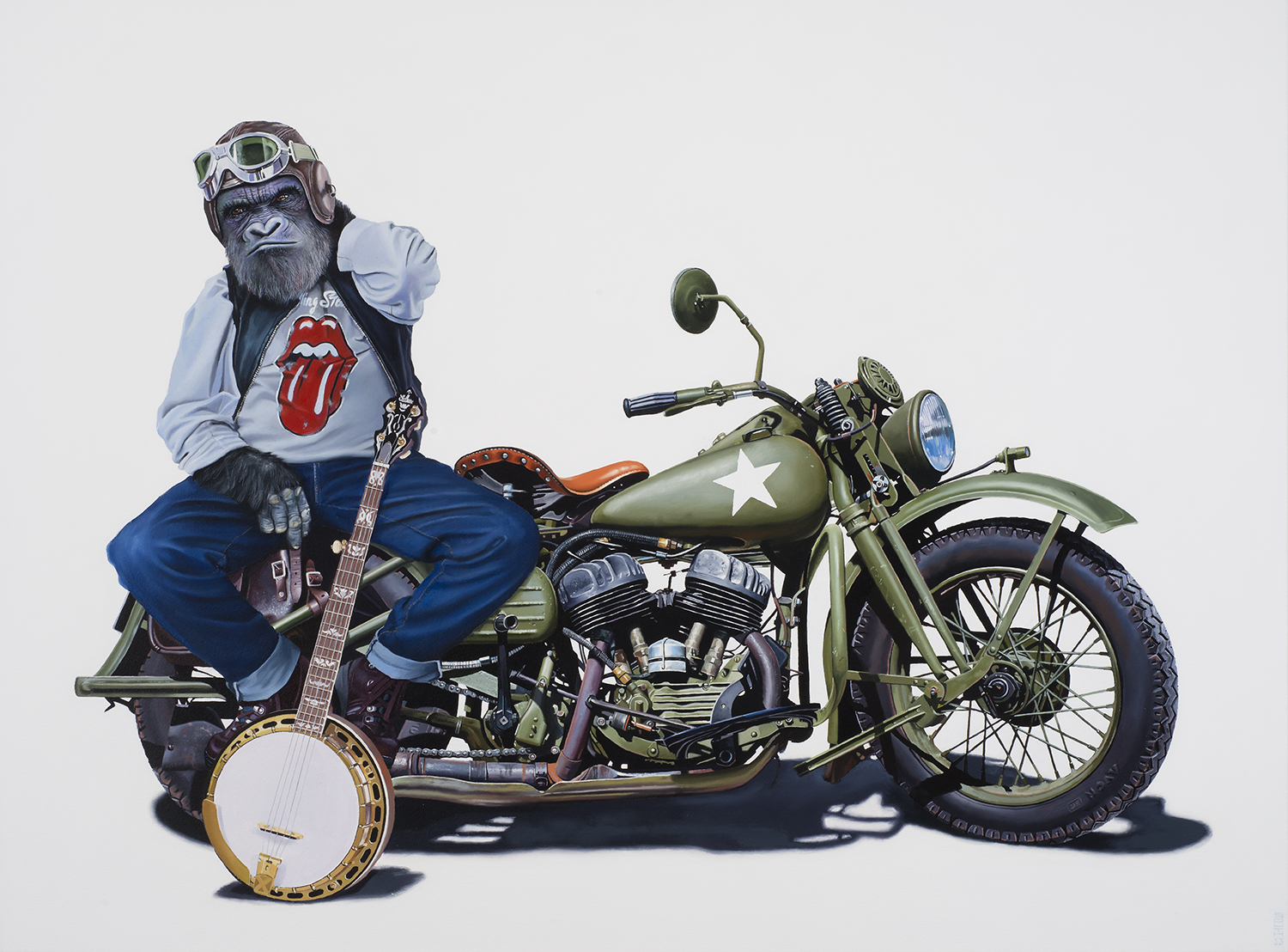 A gorilla seated on a motorcycle wearing a Rolling Stones t-shirt and a banjo - Tony South - Papa Was A...