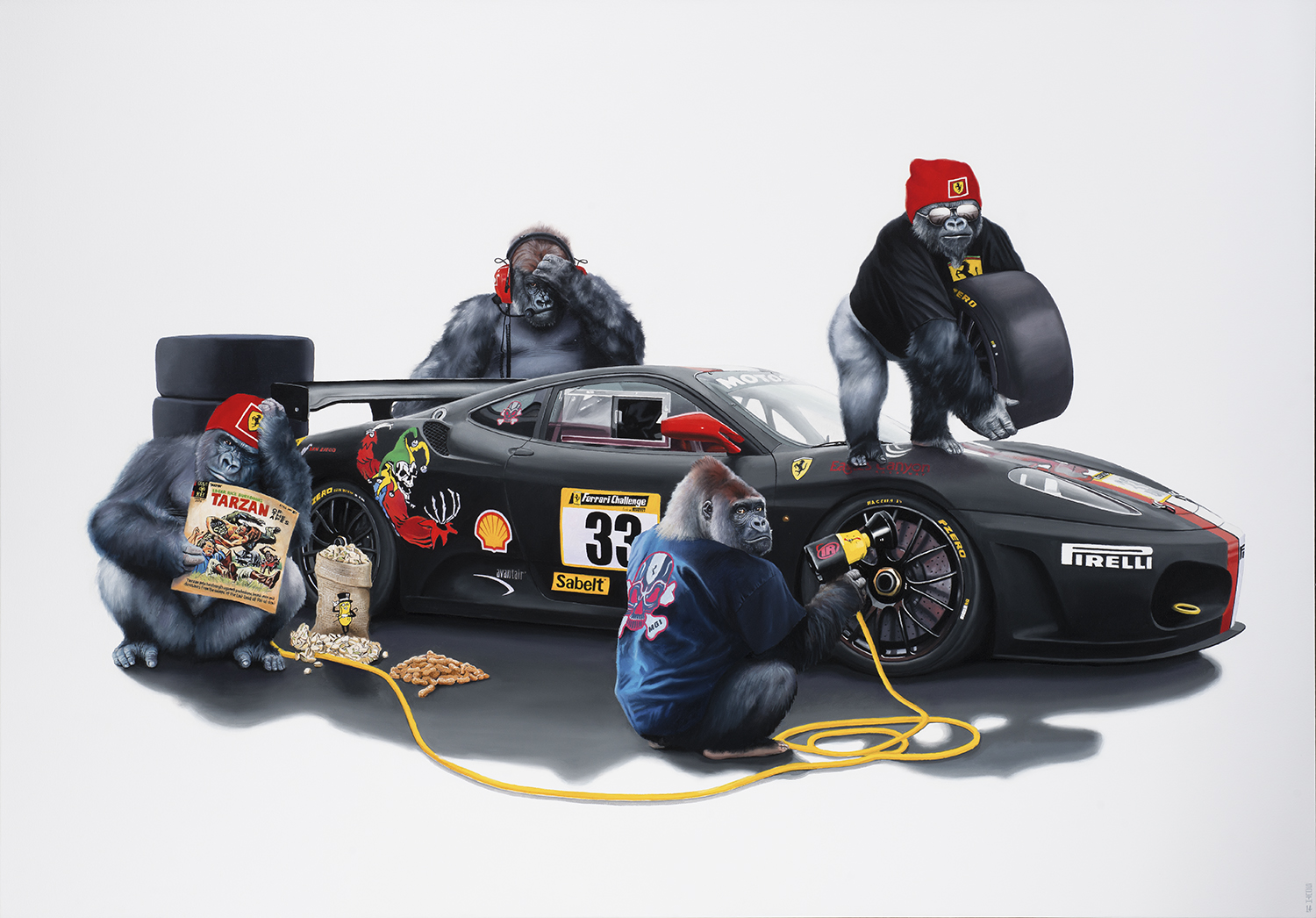 A racing Ferrari with a pit crew of Gorillas - Tony South - Ya Pays Peanuts...