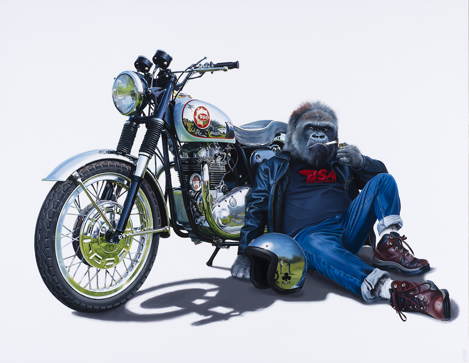 A gorilla lighting a cigarette while leaning on a BSA motorcycle - Tony South - Ace