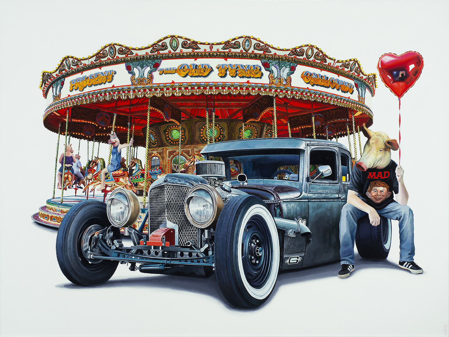 A man with a pigs head seated on a hot rod in front of a merry-go-round -- Tony South - 368 Horses