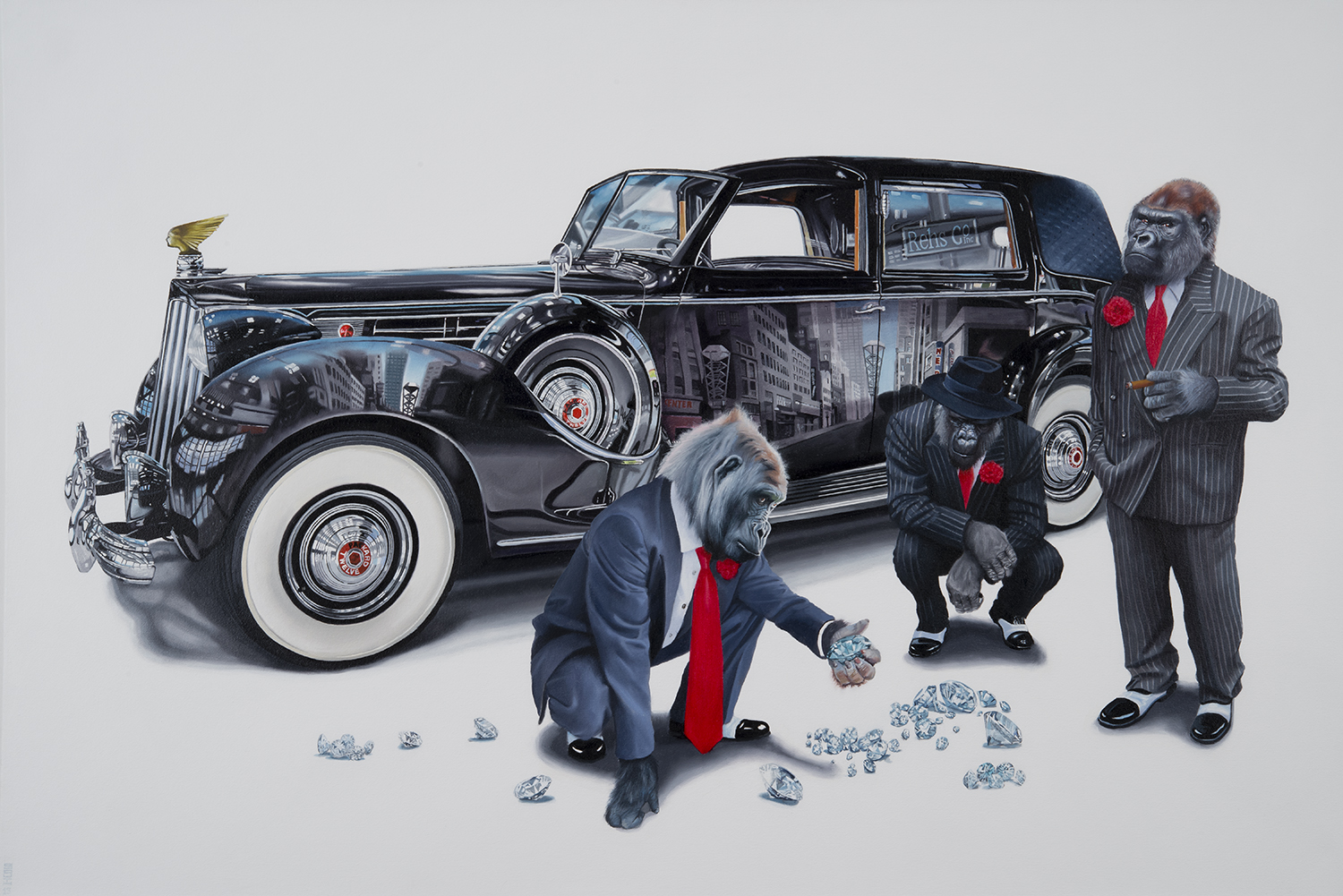 Three well dressed gorillas in front of a luxury car with diamonds -Tony South - Poste Heist