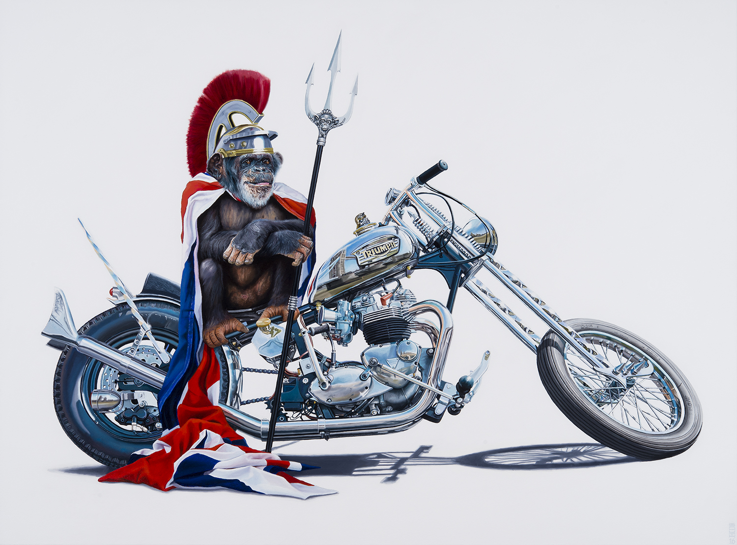 A monkey with a trident, helmet, and cape seated on a Triumph motorcycle - Tony South - Britannia Revisited