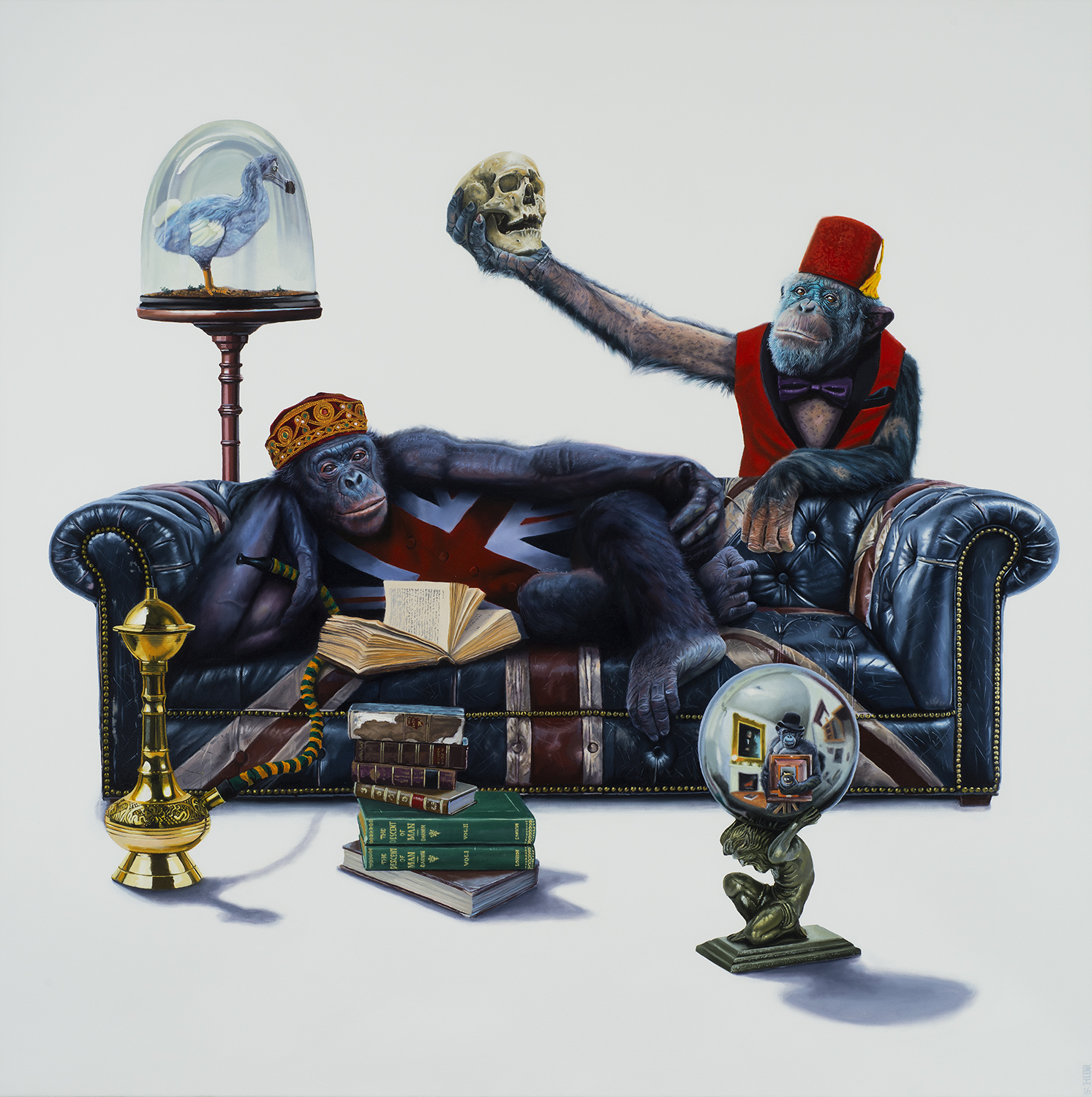 Two monkeys seated on a couch, one holding a scull the other reading a book -Tony South - Scholars