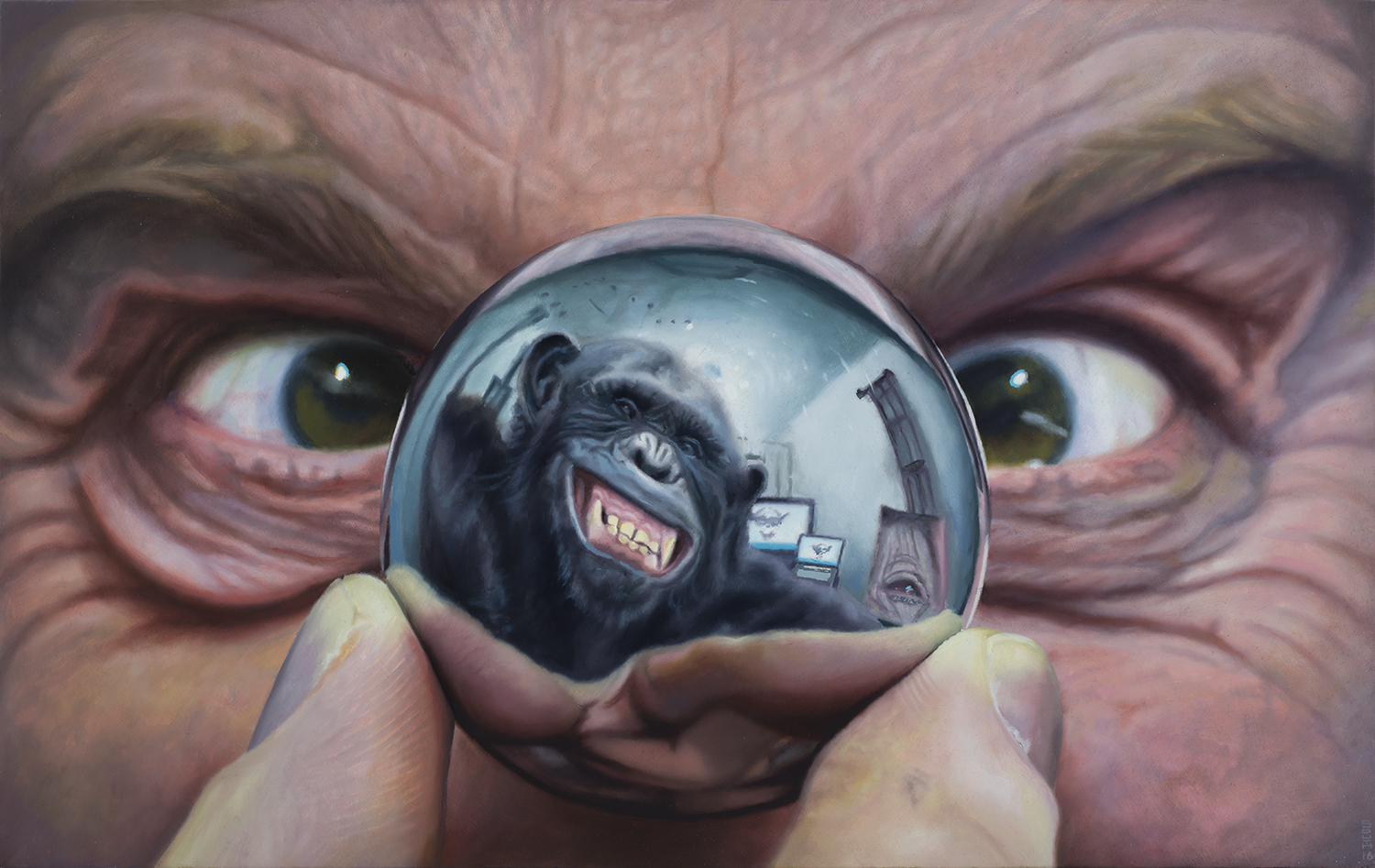 A close up of a man holding a metal ball in front of his nose with the reflection of an Ape in it -