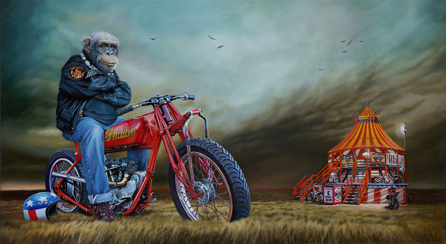 An ape on an Indian motorcycle with a Wall of Death ride in the background - Tony South - The Great Troglato