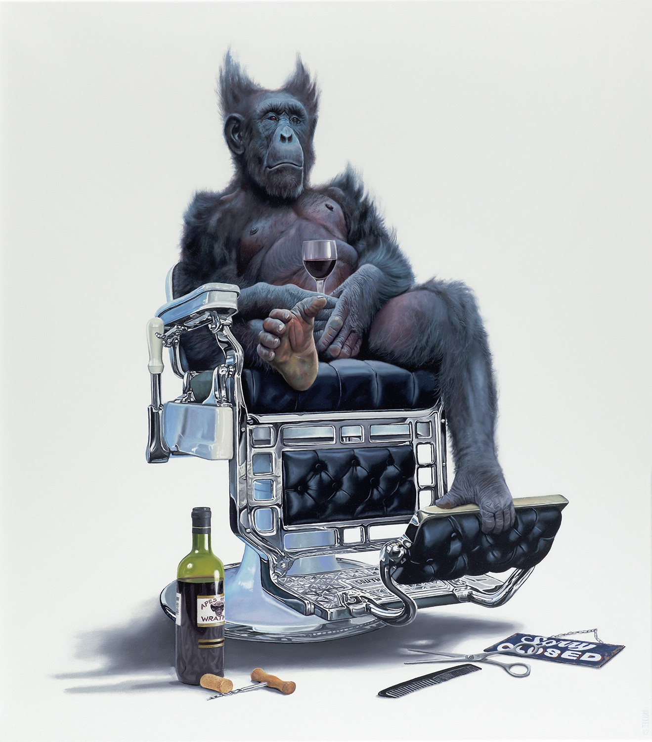 a gorilla seated in a barber chair holding a glass of wine - Tony South - No One Came
