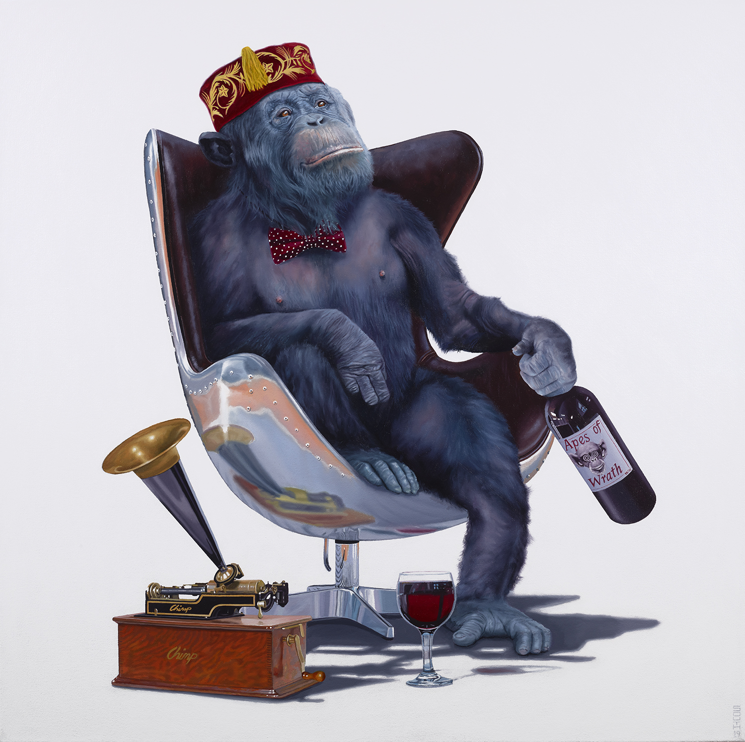 A monkey in a chair holding a bottle of wine and a Victrola next to him - Tony South - Phono