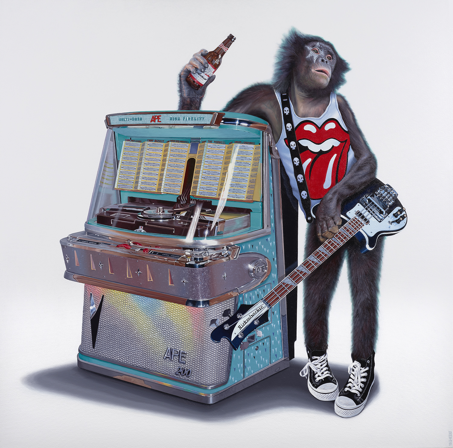 A monkey with a beer and guitar standing by a jukebox - Tony South - Jukebox Hero