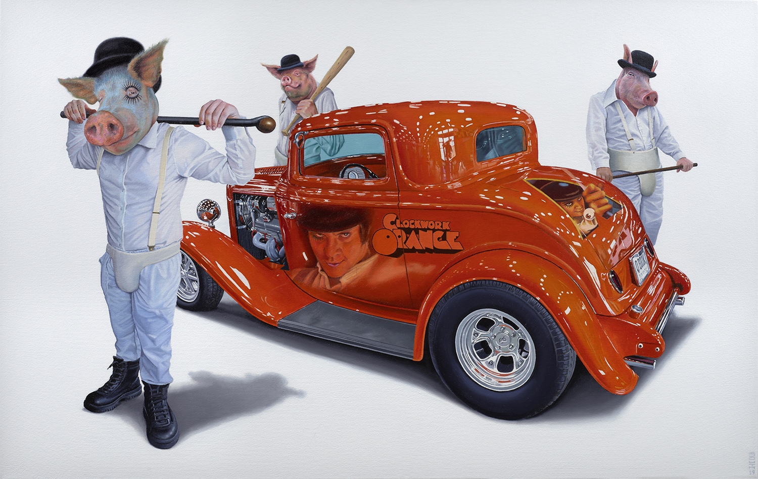 The men with pigs heads and baseball bats standing around an orange hot rod - Tony South - The Moloko Muscle