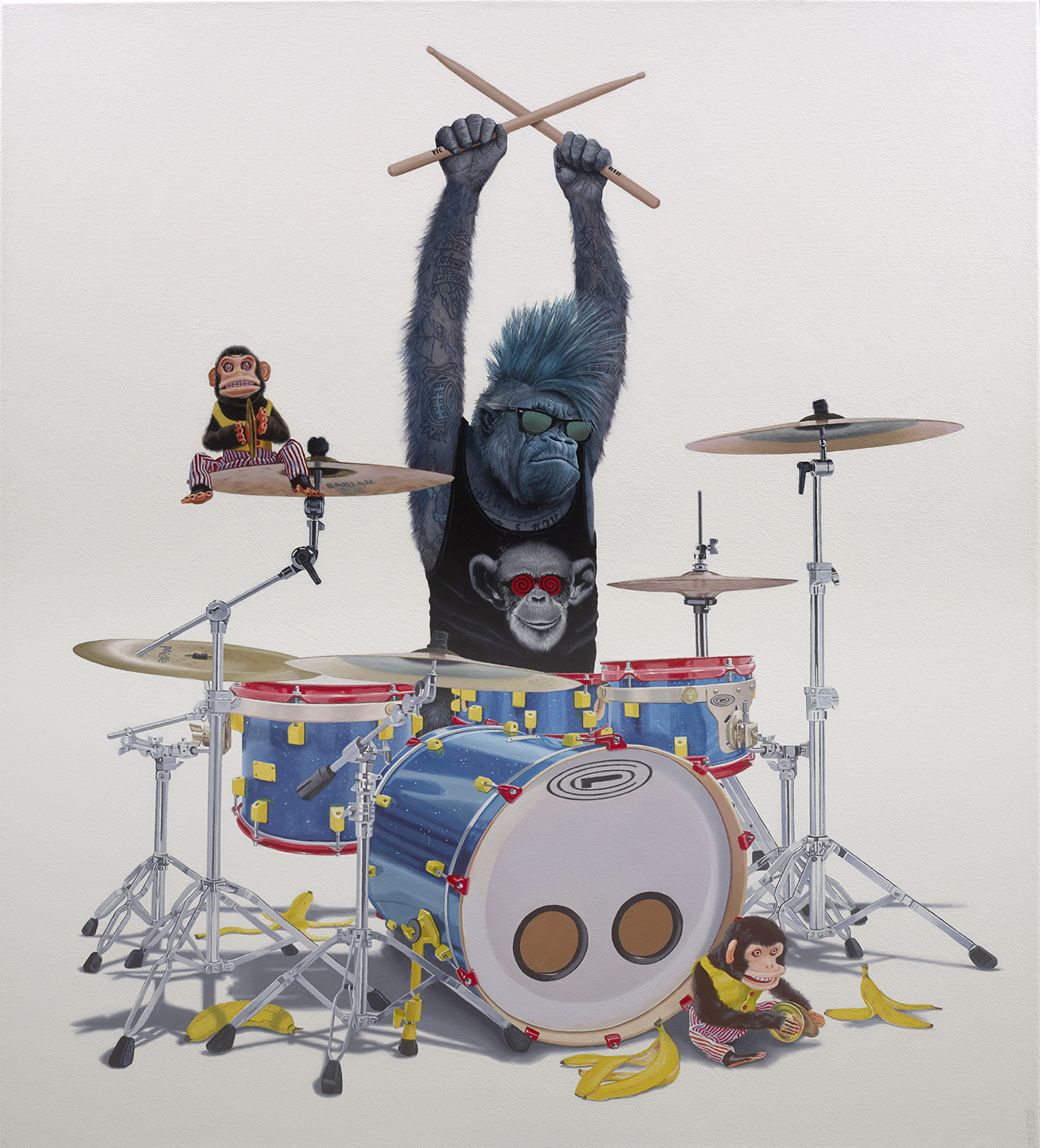 A monkey playing the drums with mechanical monkeys and bananas - Tony South - Drummer Boy