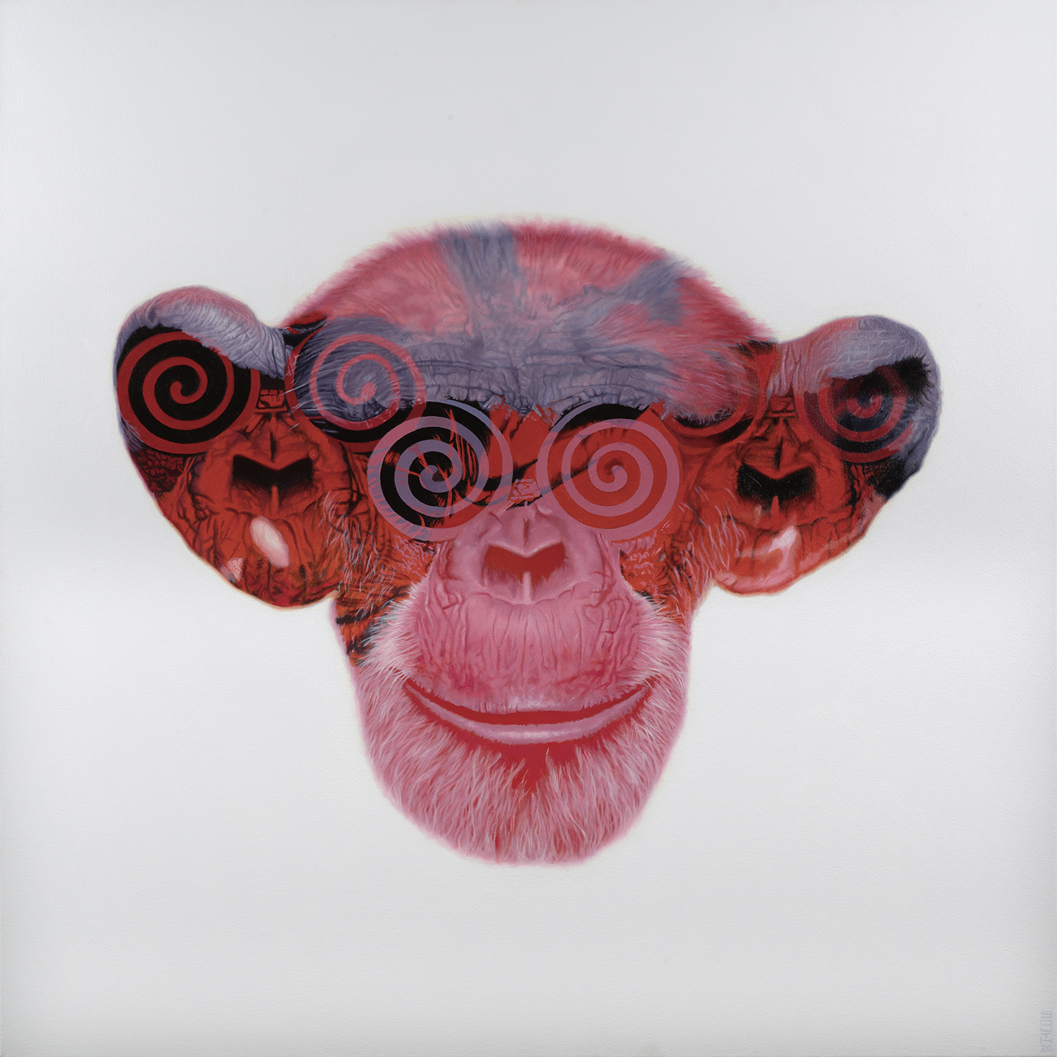 The head of a money in red with other monkey heads captured inside his head - Tony South - Hypno
