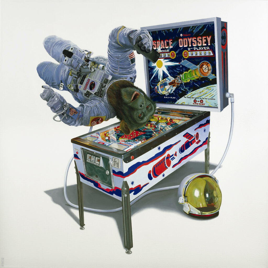 A monkey with a cell phone floating over a pinball machine - Tony South - Odyssey 2001