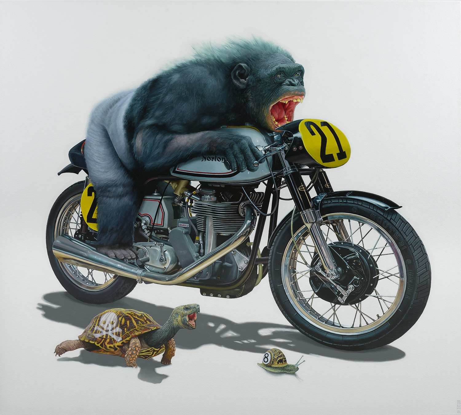 A monkey on a motorcycle racing a turtle and snail - Tony South - The Last Lap