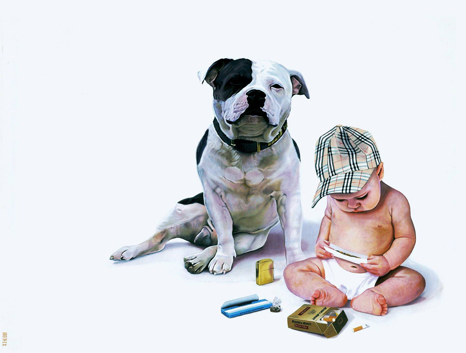a baby rolling a cigarette with a dog - Tony South - Bill Sykes