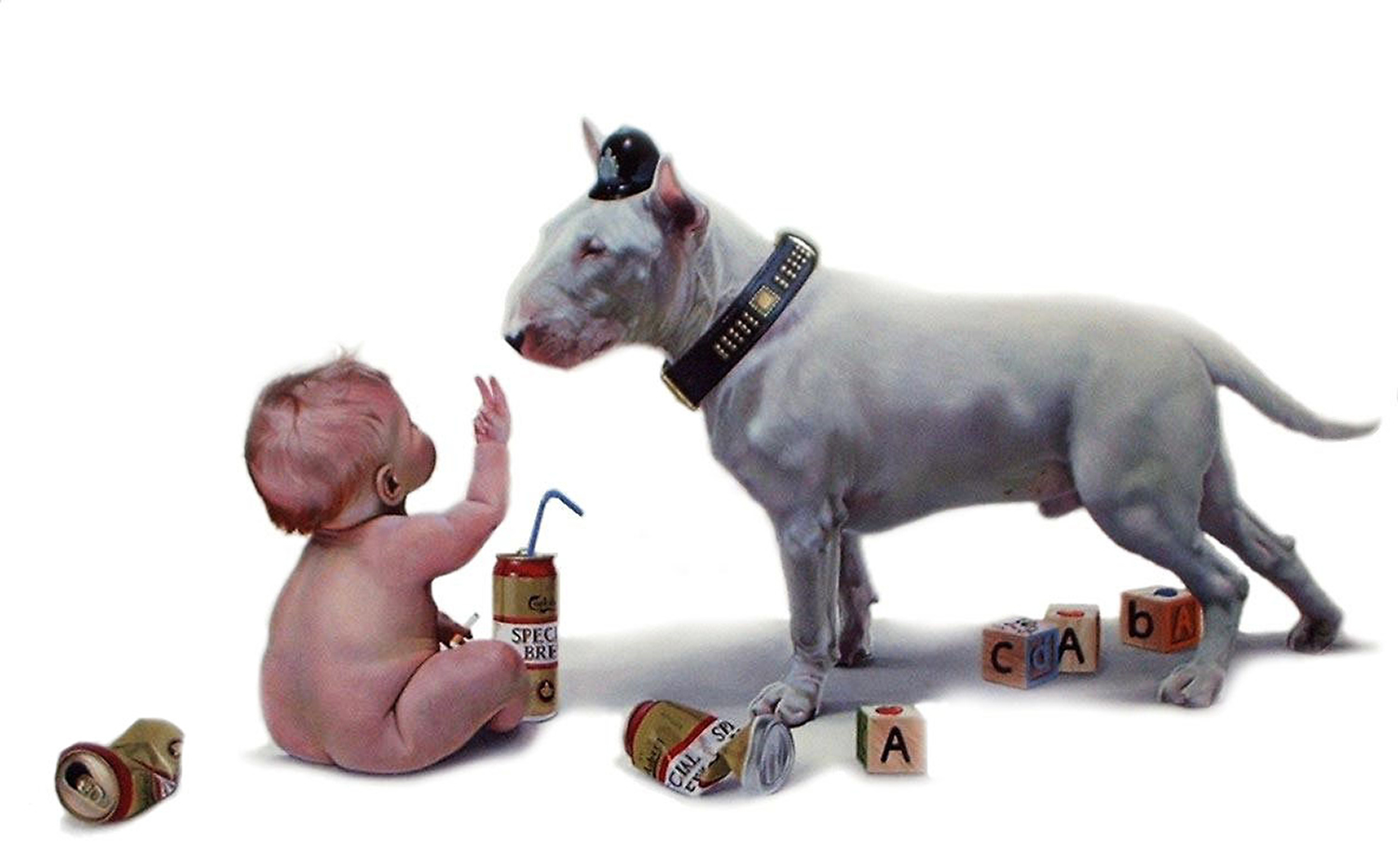 A baby with a cigarette looking at a dog with a policeman's hat on - Tony South A.C.A.B.