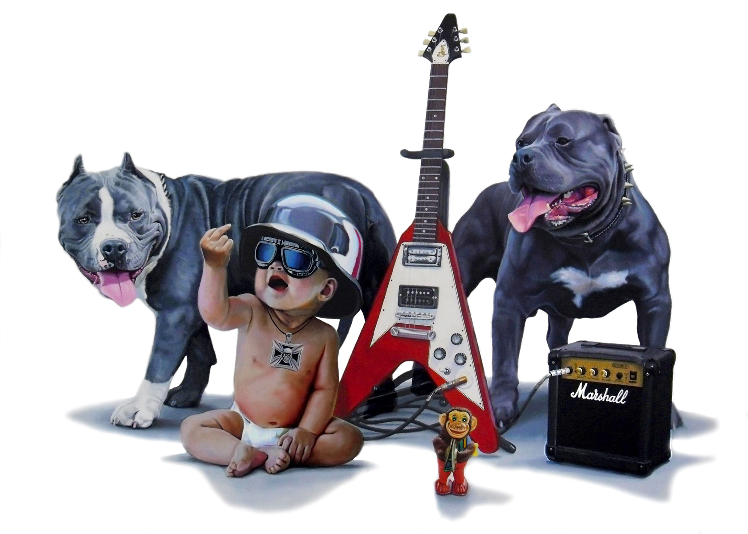 A baby wearing a helmet and goggles with his middle finger up surrounded by two dogs and a guitar -