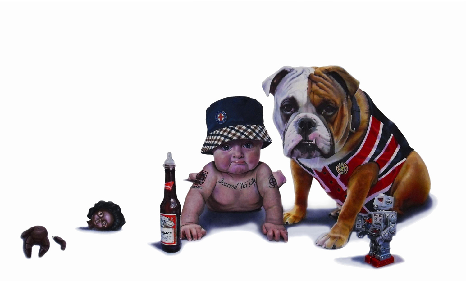 A baby with a beer and bulldog - Tony South - 2 Dolls Heads And A Bulldog