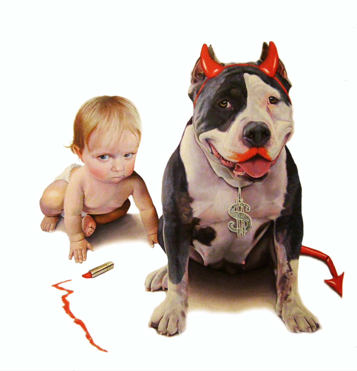 a baby and a dog with red lips and devil's horns and tail - Tony South - Lil' Devil