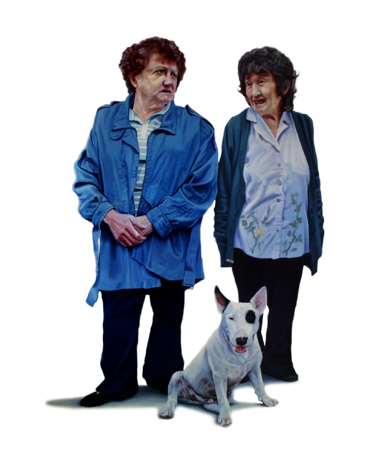 two women talking with a dog at their feet - Tony South - Sisters
