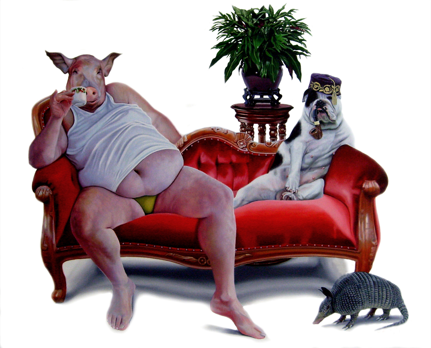 a man with a pig head in a speedo seated on a couch next to a dog with a pipe in its mouth - Tony South - Parlour Games
