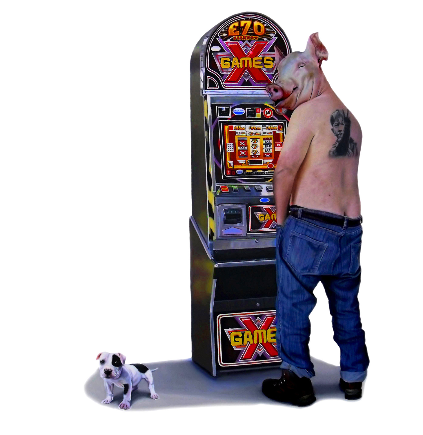 a man with a pig head and a small dog in front of a slot machine - Tony South - Blackpool