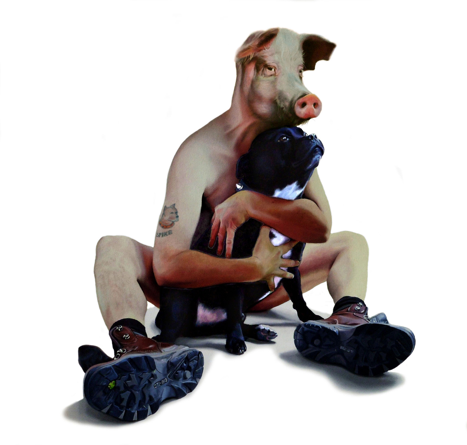 a man with a pig's head holding a dog - Tony South - Pea