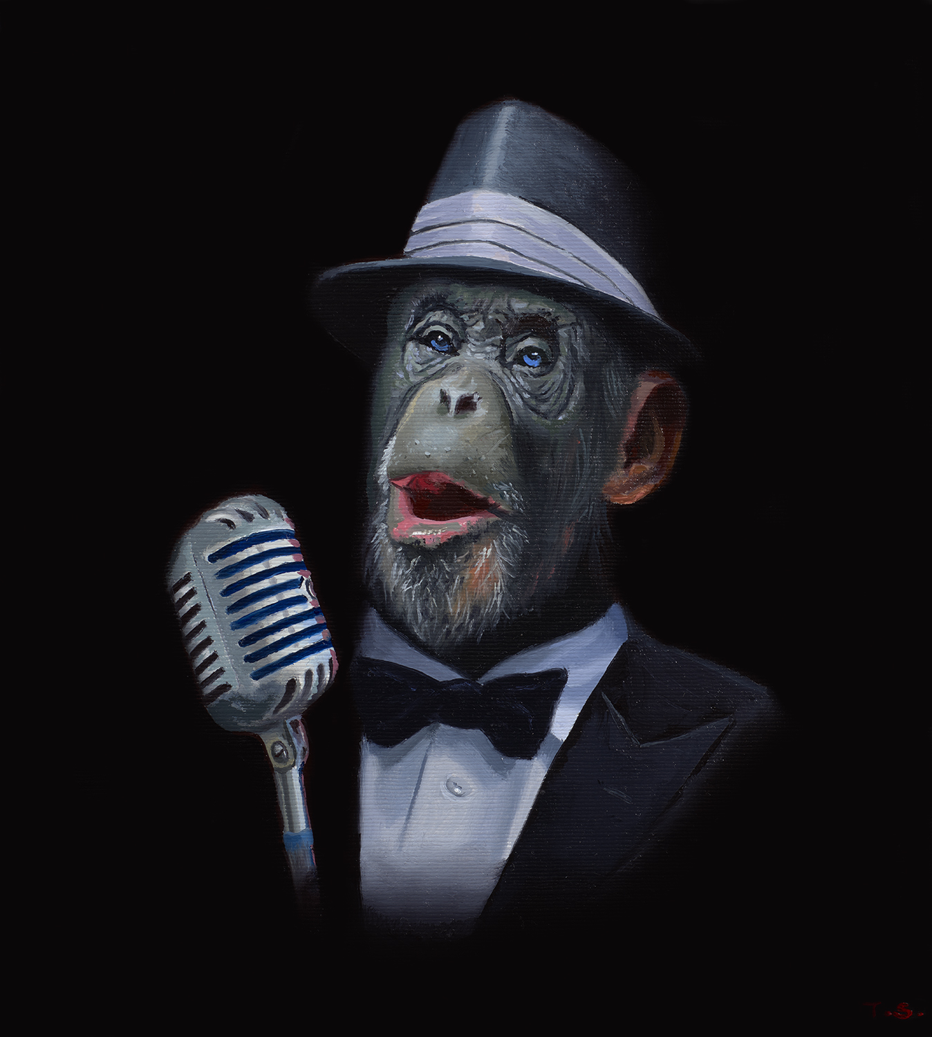 A monkey in a tuxedo in front of a microphone - Tony South - Ol' Blue Eyes