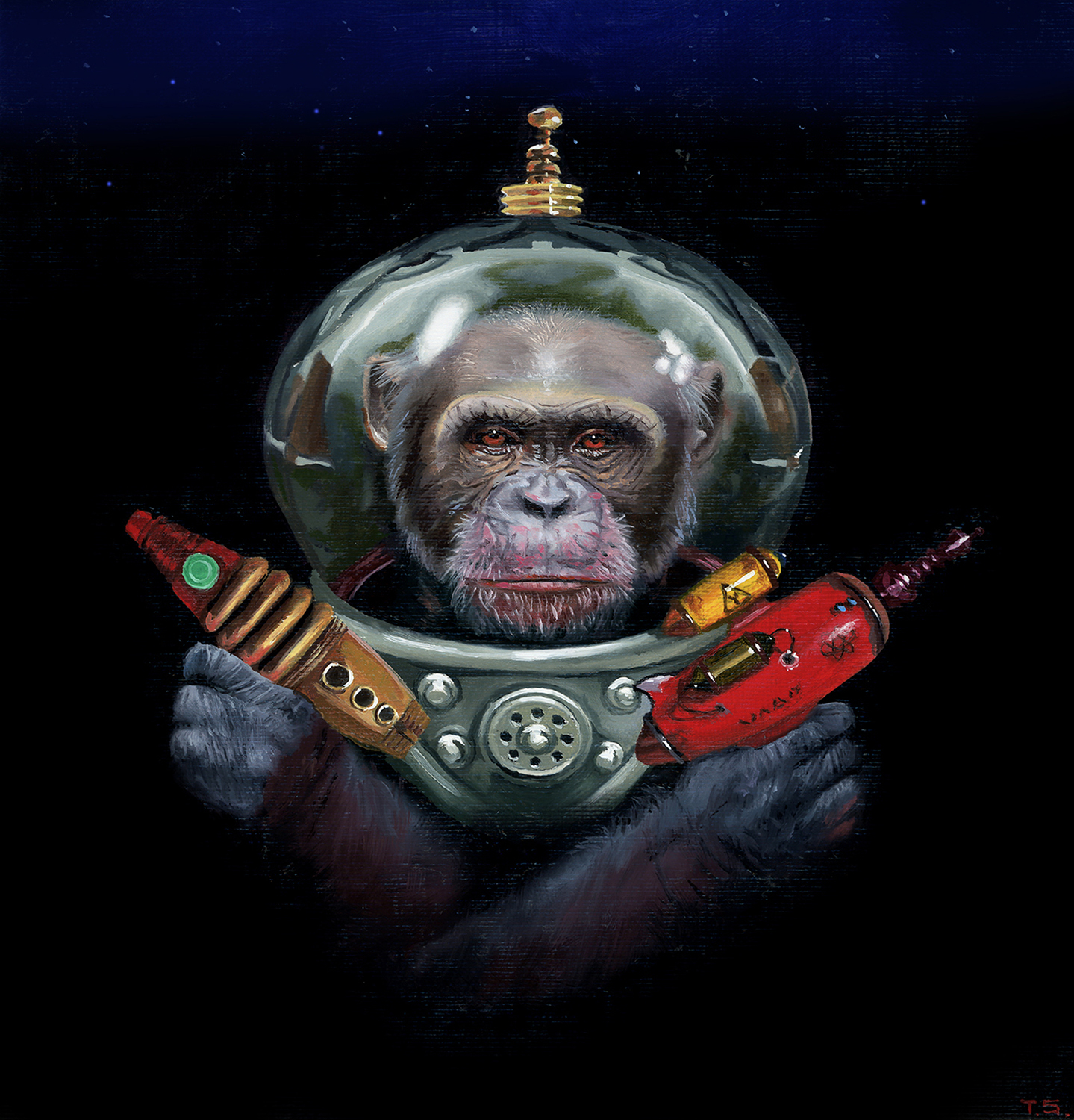 A monkey in a space suit holding two space guns - Tony South - Slowly and Surely They Drew Their Plans Against Us