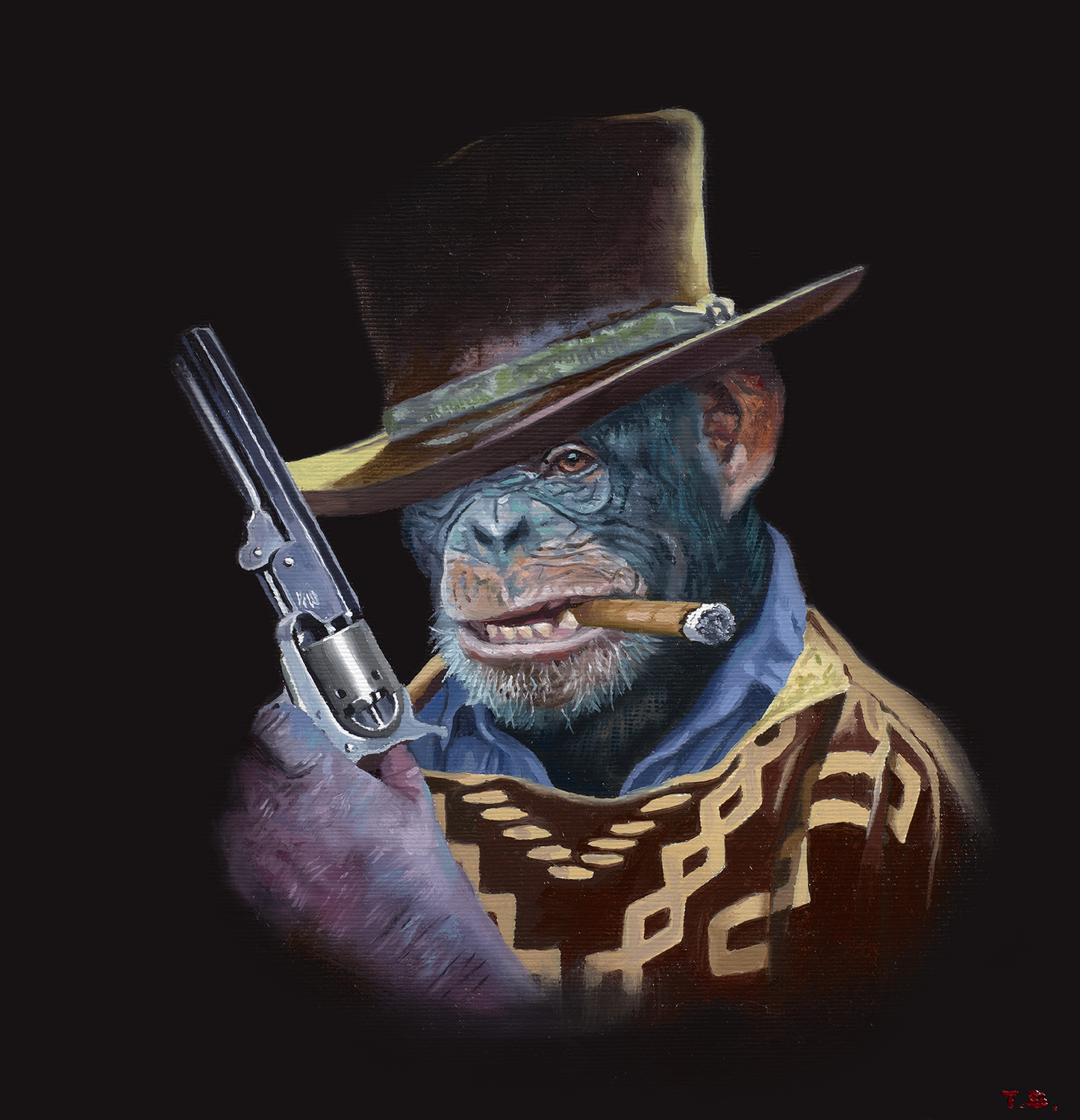 A monkey dressed as a cowboy holding a pistol - Tony South - Drifter