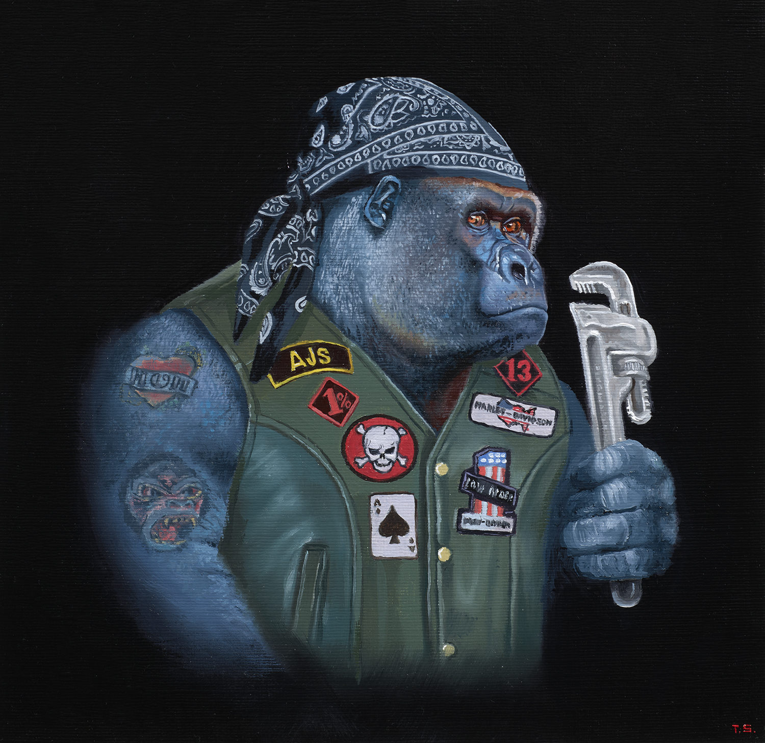 A gorilla in a denim vest holding a wrench - Tony South - Monkey Got Wrench