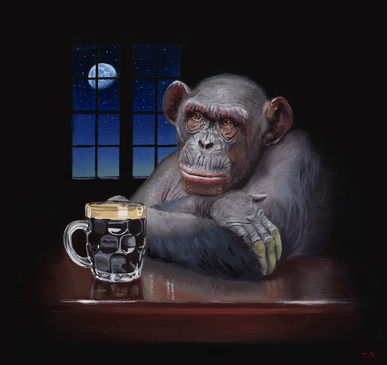 A monkey in a bar having a beer with planet earth in the background - Tony South - Warm Stout on the Moon
