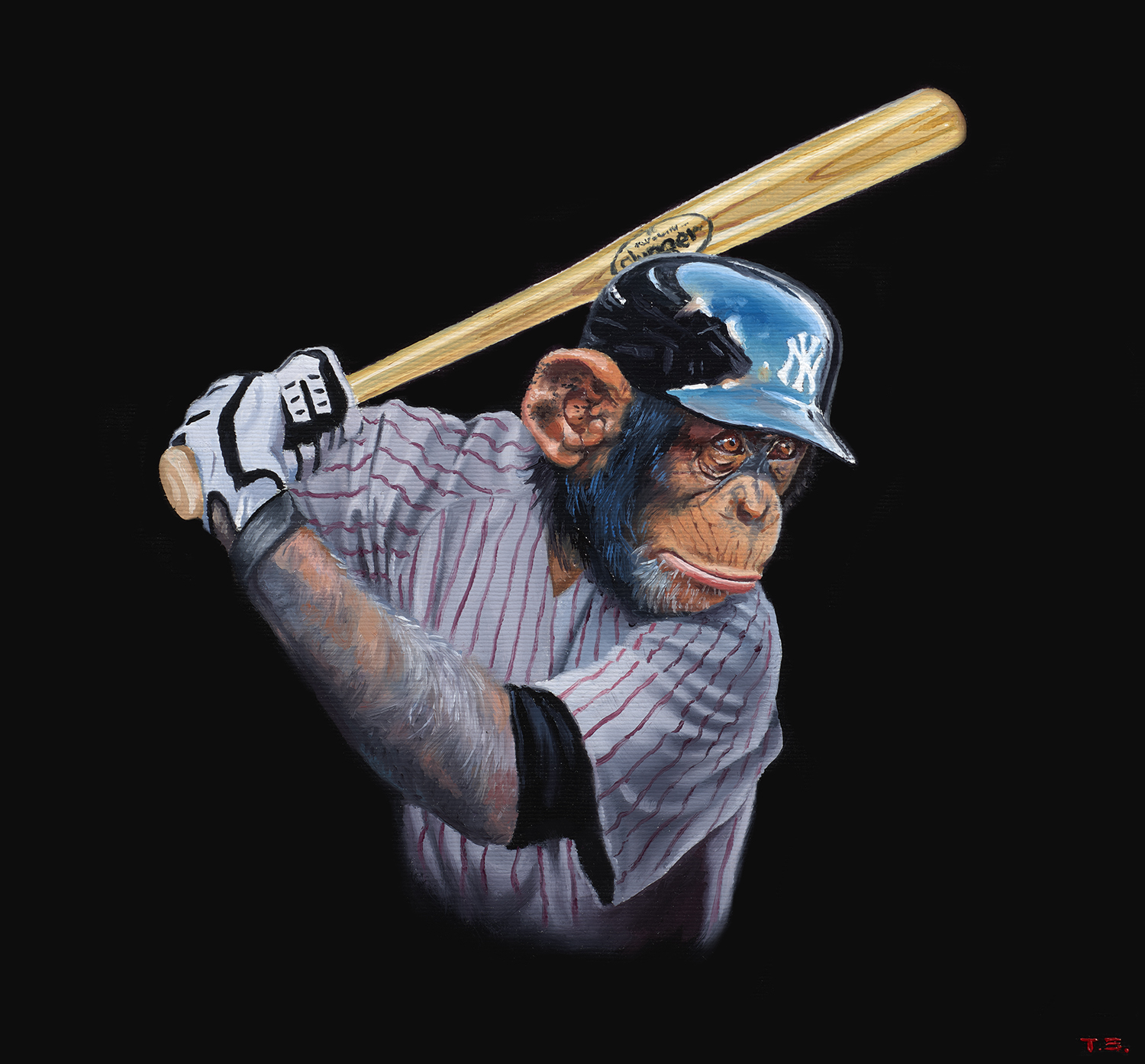 A monkey with a Yankees' uniform on getting ready to swing a bat - Tony South - Play Ball
