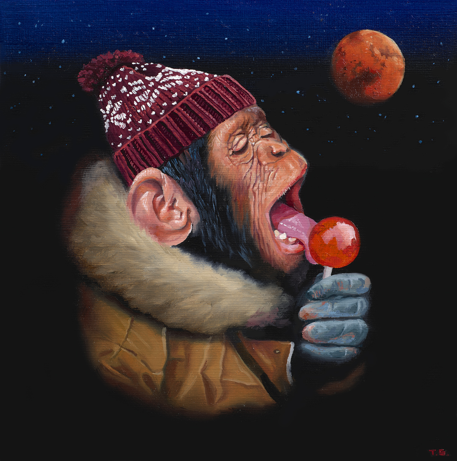 A monkey liking a round lollipop with a planet in the background - Tony South - Planets Aligned