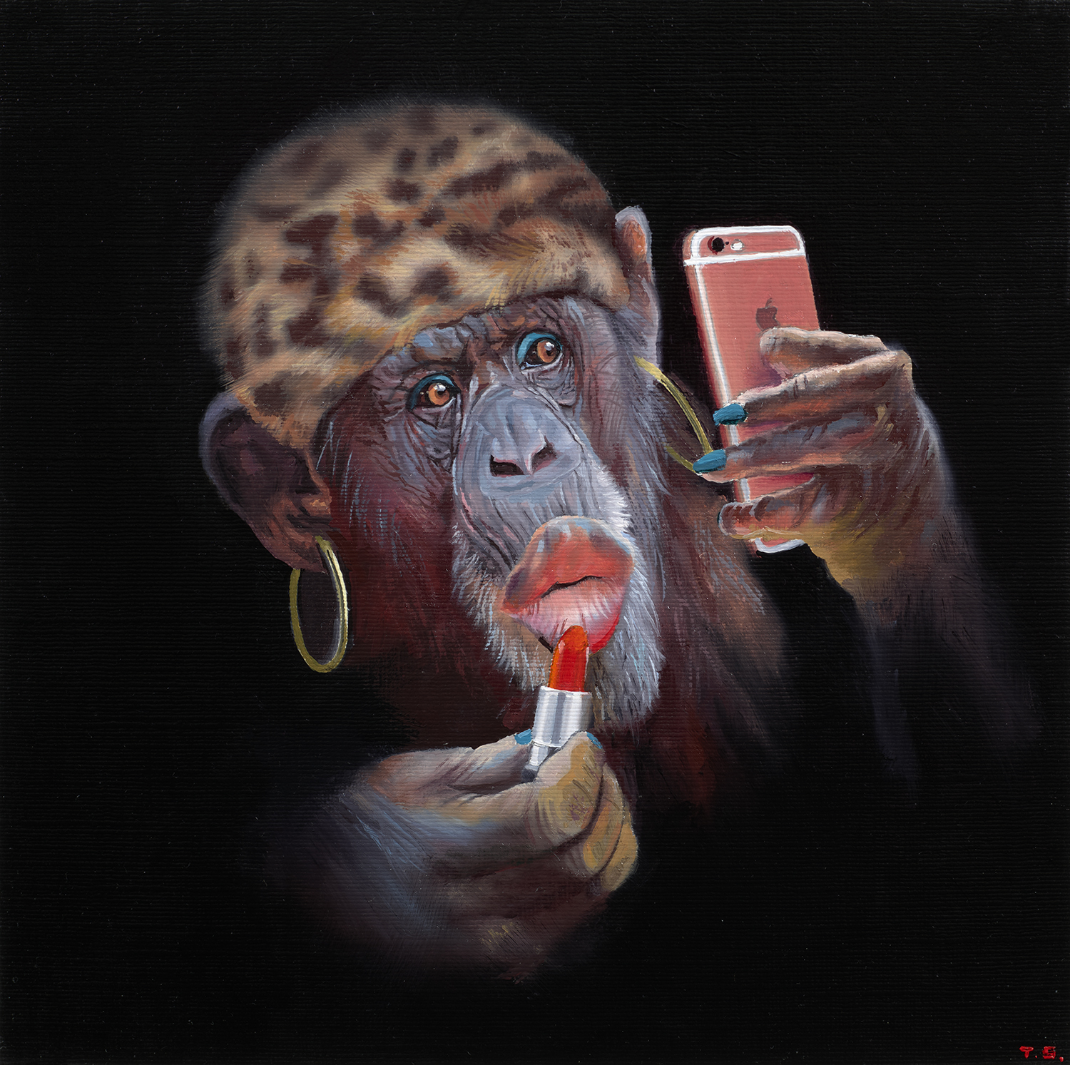 a female monkey putting on lipstick - Tony South - Putting on the Ritz