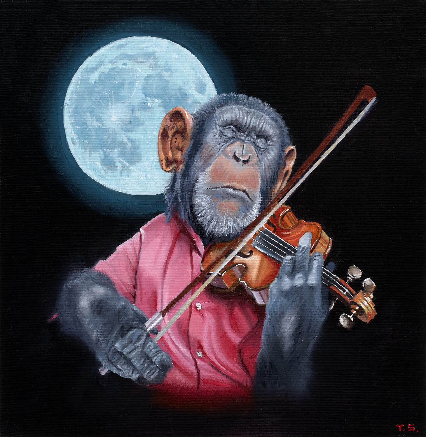 A chimp / gorilla hybrid playing a violin with the moon behind him - Tony South - Ad Astra