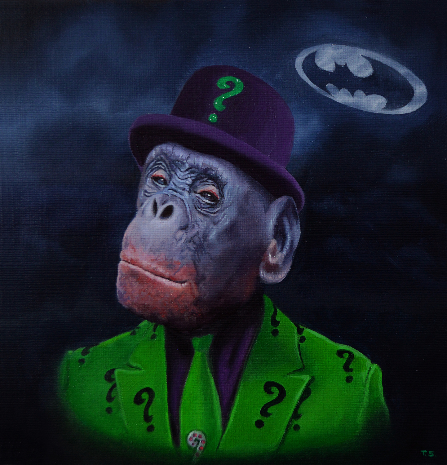 A monkey dresses like the Riddler with a Batman signal in the sky - Tony South - Riddle Me This