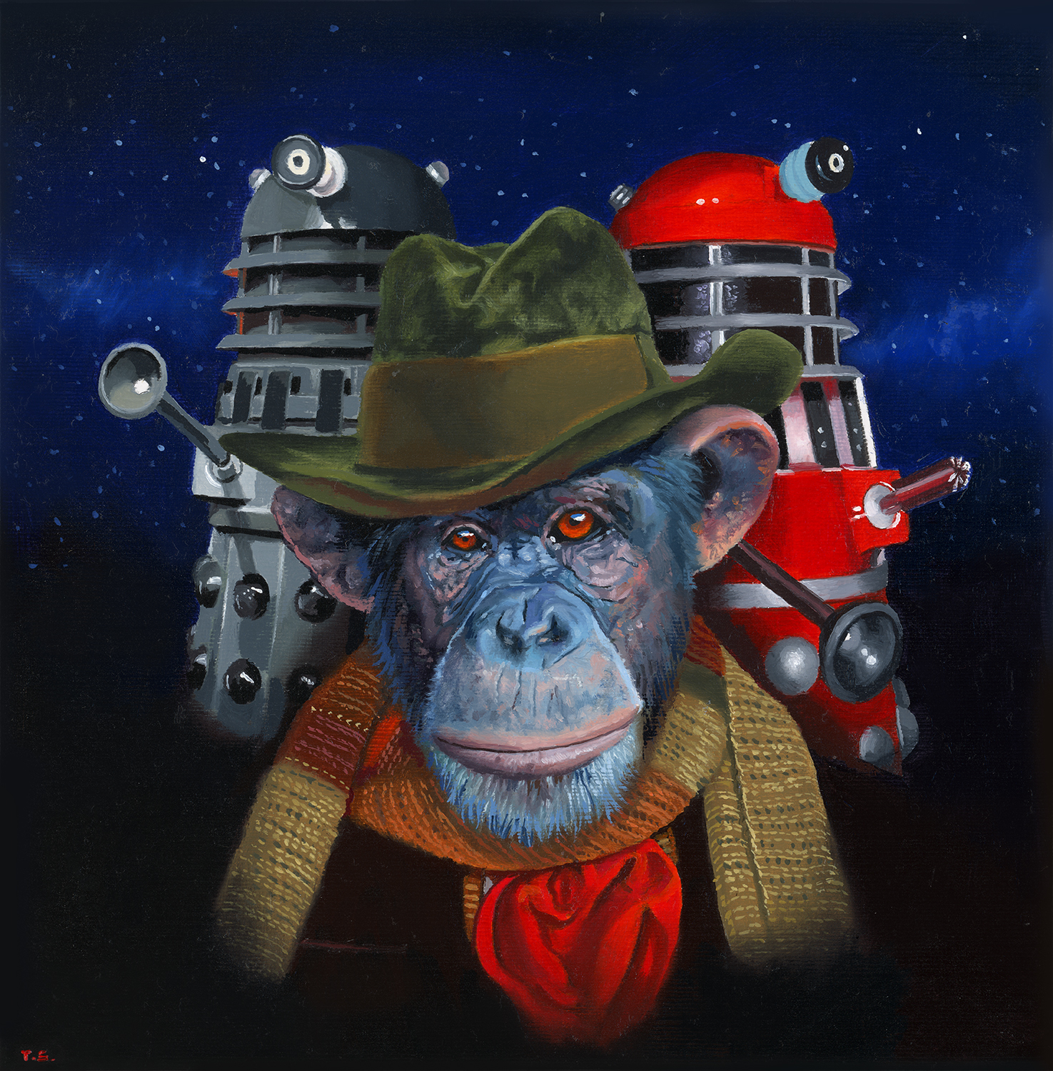 A monkey wearing a hat and two robots behind him - Tony South - Genesis