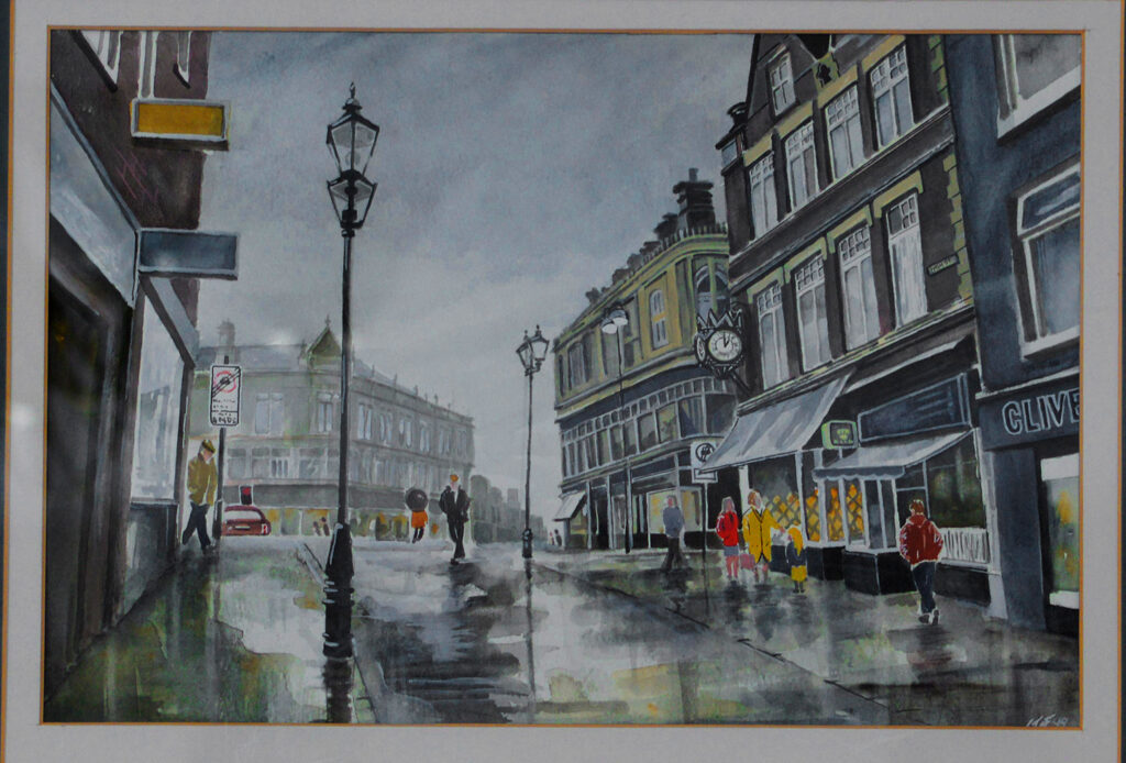 street scene in Rotherham on a rainy day