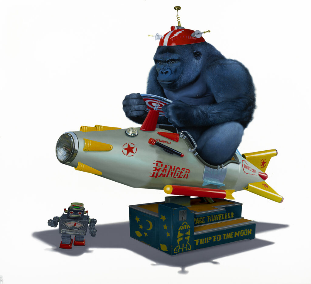 gorilla seated on a space ride - Destination Moon - Tony South